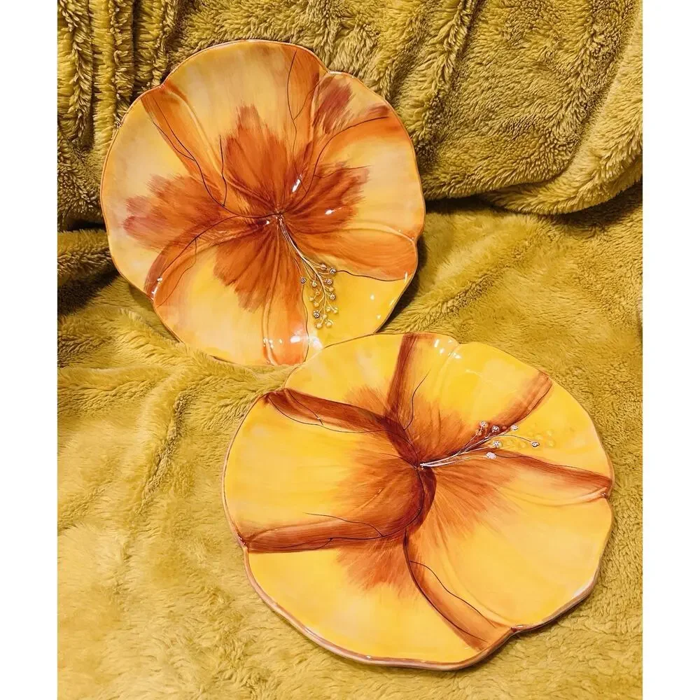 Gates Ware Flower Shaped Ceramic Plates Set Of 2 Spring Summer Orange hibiscus
